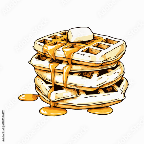 golden waffles with syrup vector illustration in instructor outline black style