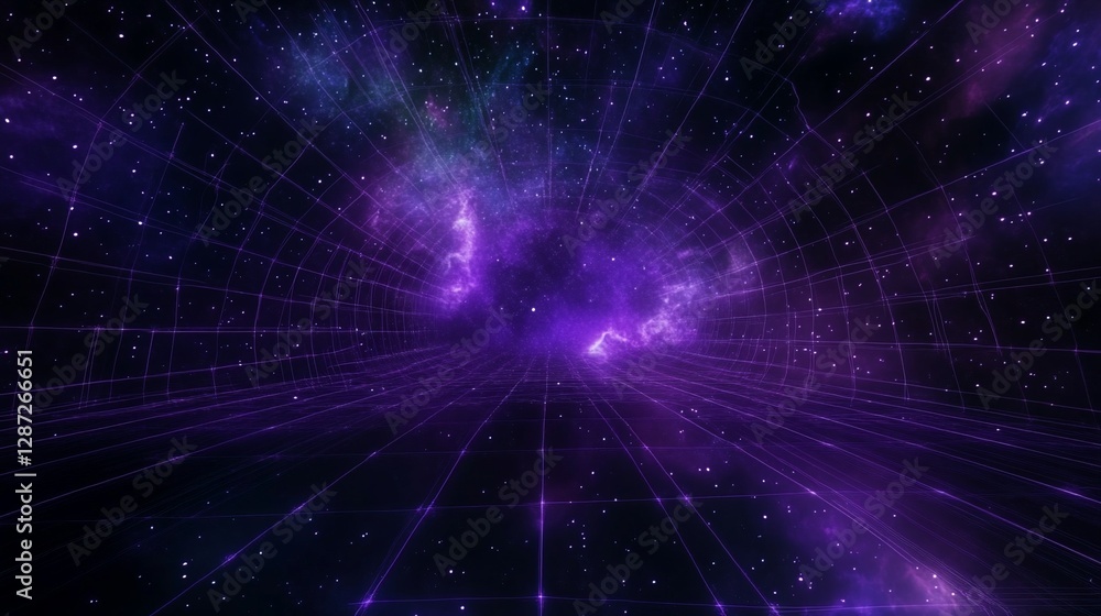 Fototapeta premium Abstract cosmic grid tunnel with glowing nebula in purple and stars creating a surreal space landscape