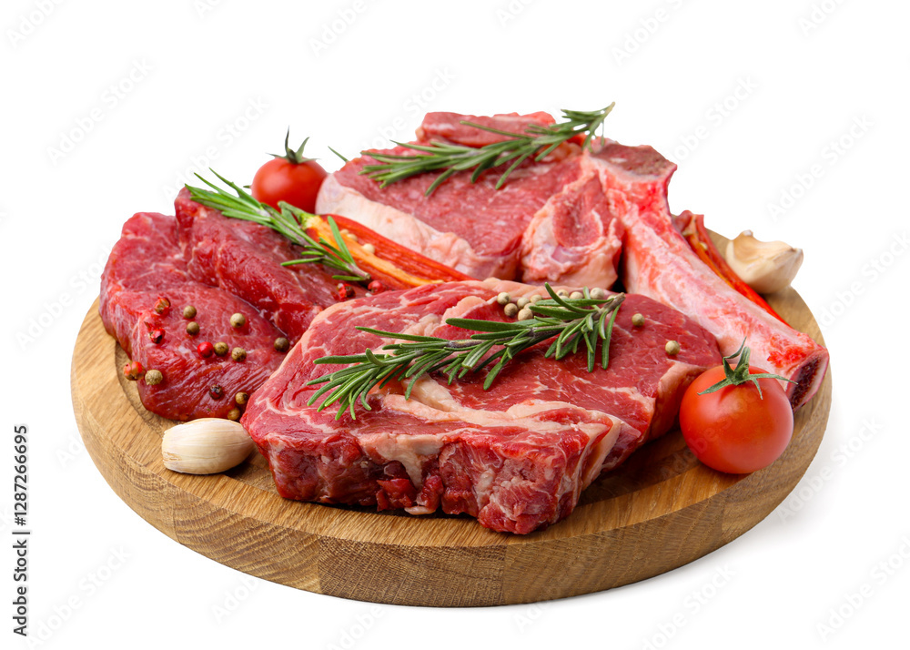 Pieces of raw beef meat, spices and tomatoes isolated on white Pieces of raw beef meat, spices and tomatoes isolated on white