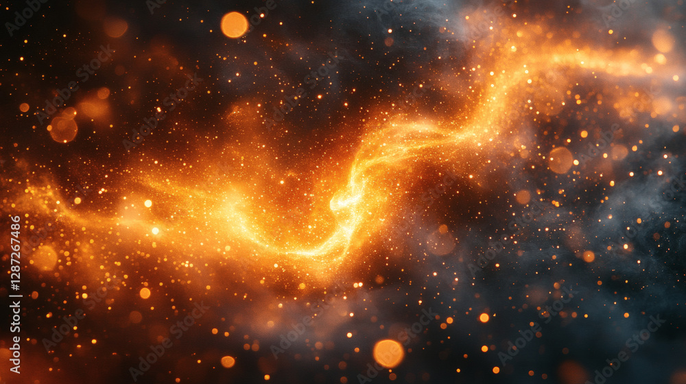 Fototapeta premium Abstract Fiery Swirl with Golden Bokeh Lights and Dark Backgrounds Description Abstract swirling fiery energy with sparks and bokeh lights on a dark background. The fiery stream is orange and yellow