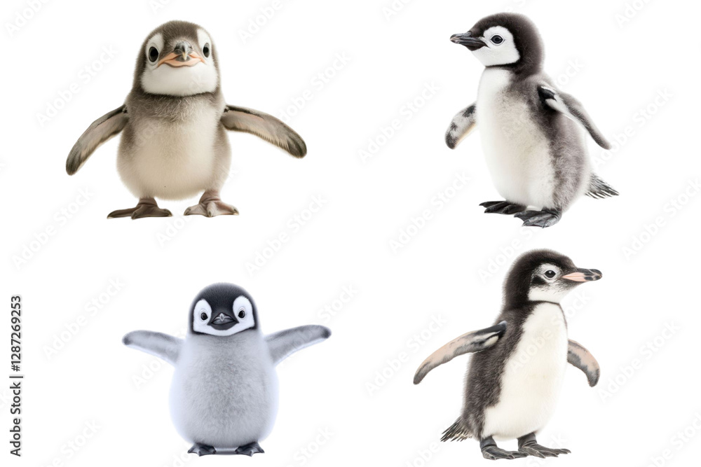 Obraz premium Four penguin chicks with gray and black feathers on a transparent background looking at the camera, different poses