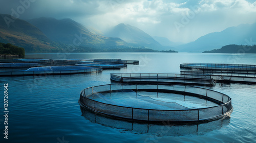 Scenic Highland Loch with Multiple Fish Farm Enclosures, Sustainable Aquaculture Landscape, Aerial View of Circular Fish Pens, Tranquil Lake in Scotland, Eco-Friendly Seafood Farming, Nature Panorama