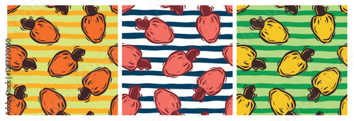Set of seamless patterns of cashews, fruit and nuts. Fruits with horizontal stripes with vibrant and editable colors. For fabric, paper, prints, wallpaper..eps