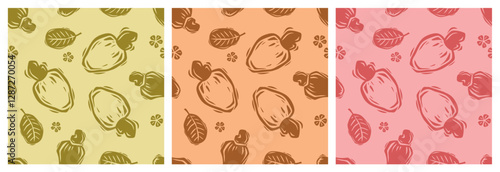 Set of seamless patterns of cashew nuts. Modern earthy colors. For prints on fabric, paper, prints, cards, posters.eps
