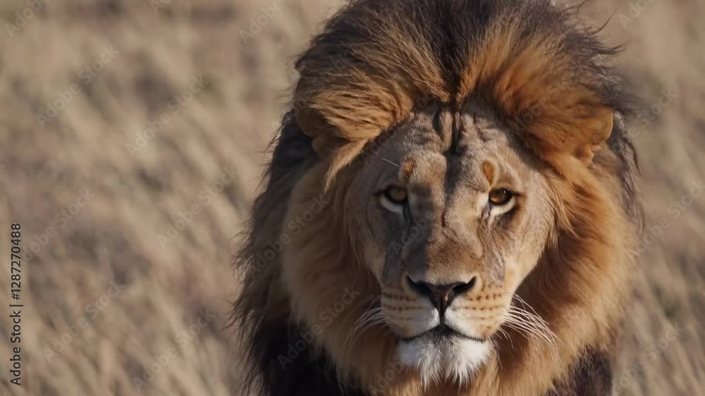 A majestic lion strides through the savannah, captured in a low-angle video shot, emphasizing its power and grace in the wild landscape. A majestic lion strides through the savannah, captured in a low-angle video shot, emphasizing its power and grace in the wild landscape.