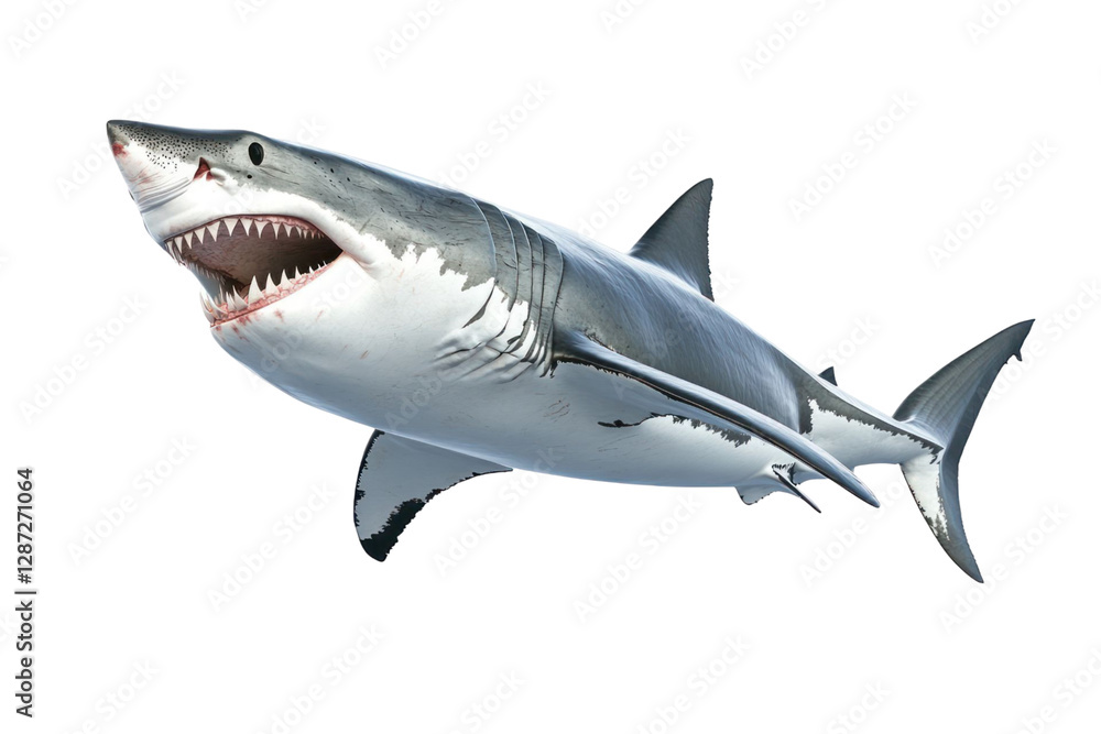 Fototapeta premium Close up of a generic shark with open mouth isolated on transparent background. High detail of skin and teeth. Aggressive appearance in studio lighting
