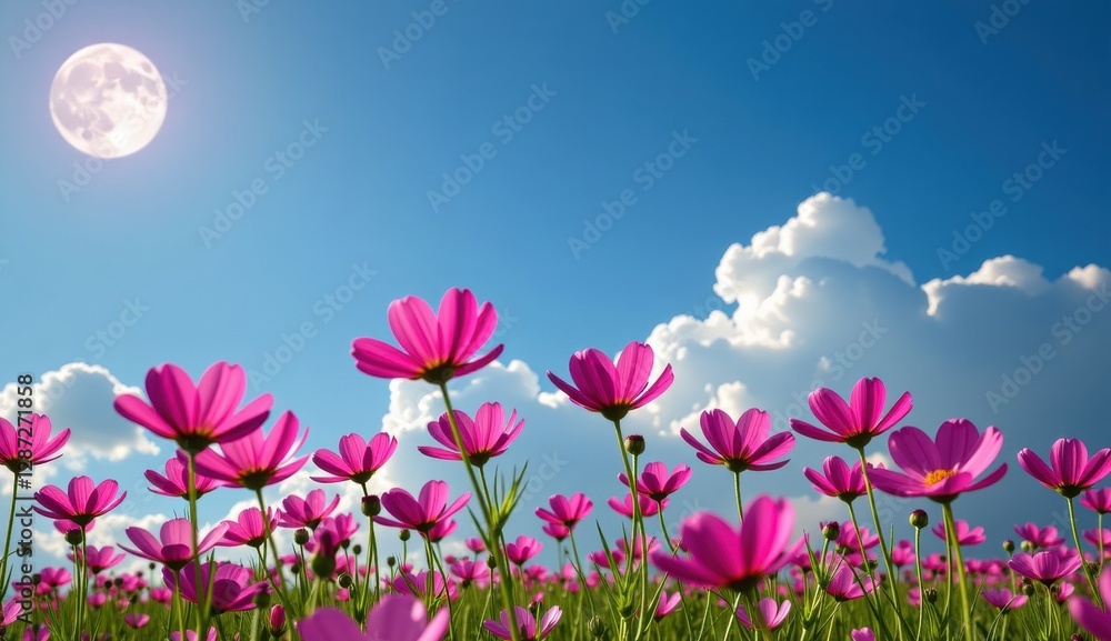 A vibrant field of pink cosmos flowers stretches towards a clear, bright blue sky, capturing the essence of a perfect summer day.