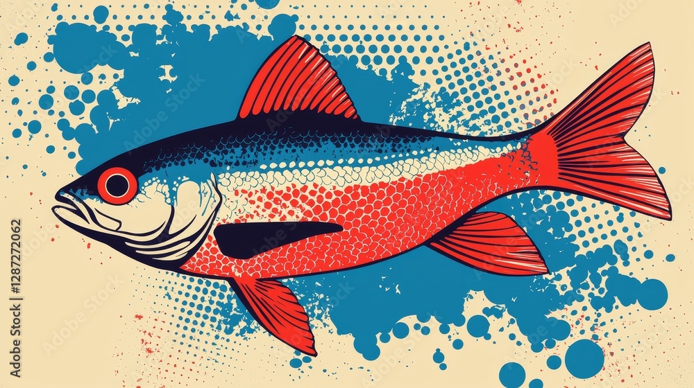 Fototapeta premium A stylized vintage poster featuring a vibrant red and blue fish, bold pop art style with halftone textures, eye-catching retro-inspired design