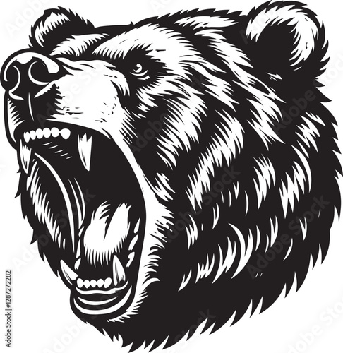 Black and white illustration of a roaring bear.