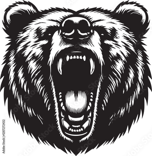 Black and white illustration of a roaring bear.