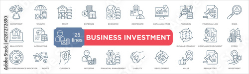 business investment icon collection set. Containing investment,wealth,investor,financial management,expenses,development,value icon. Simple line vector.	