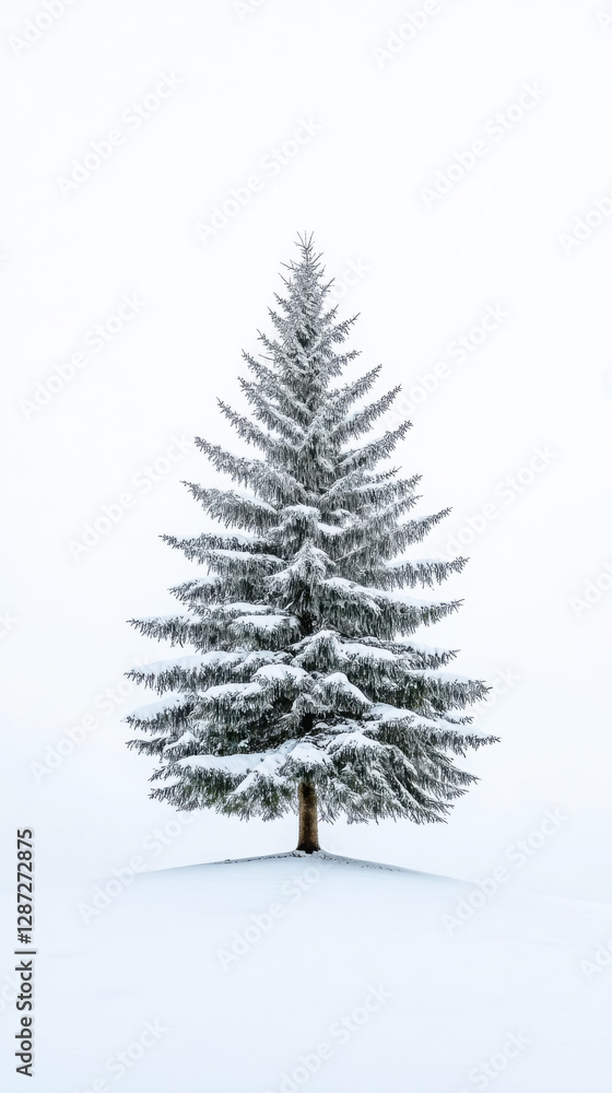 Tranquil winter scene of a lone snow-covered pine for seasonal decor Tranquil winter scene of a lone snow-covered pine for seasonal decor