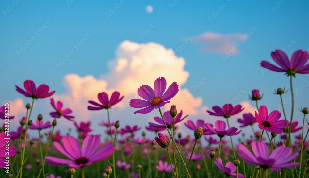 A vibrant field of pink cosmos flowers stretches towards a clear, bright blue sky, capturing the essence of a perfect summer day. A vibrant field of pink cosmos flowers stretches towards a clear, bright blue sky, capturing the essence of a perfect summer day.