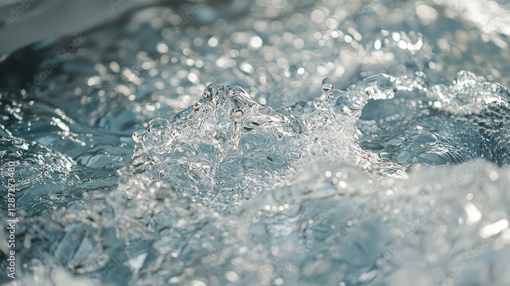 Obraz premium Clear water flowing in a forest stream, cascading over textured porous rocks, creating foam and ripples under soft sunlight