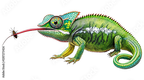 Chameleon Catching Insect with Tongue, Isolated Illustration

