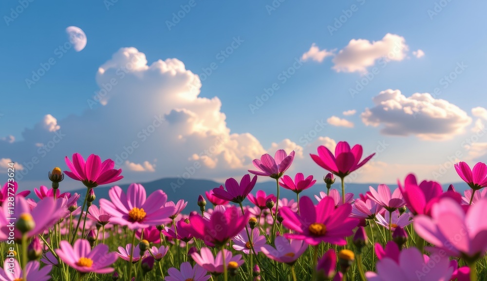 A vibrant field of pink cosmos flowers stretches towards a clear, bright blue sky, capturing the essence of a perfect summer day. A vibrant field of pink cosmos flowers stretches towards a clear, bright blue sky, capturing the essence of a perfect summer day.