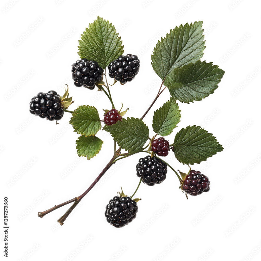 cluster of blackberries attached to a stem with green leaves. showcasing the fruit's rich color and natural texture the composition emphasizes the freshness and organic quality of the blackberries. ma