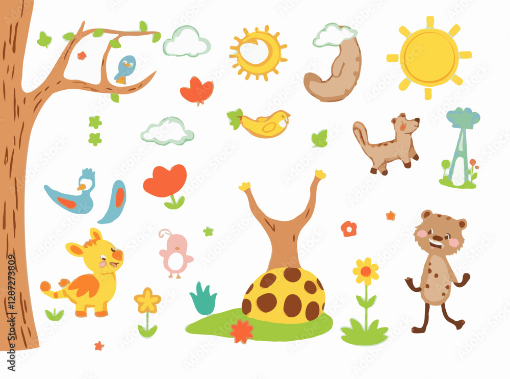 Obraz premium Playful and Vibrant Vector Elements for Kids' Storybook
