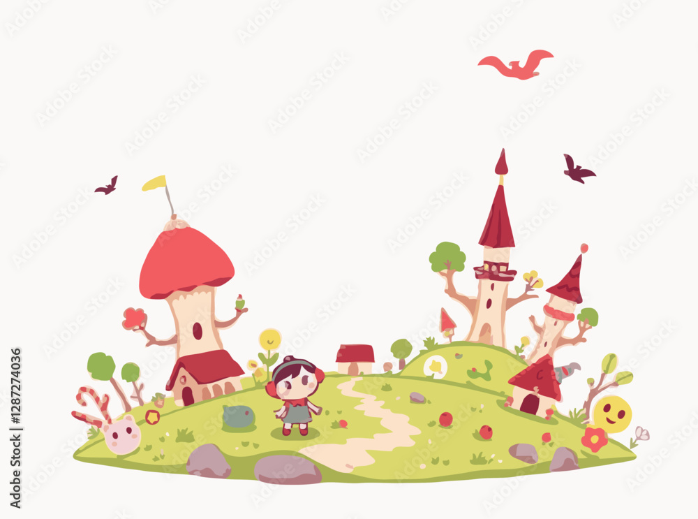 Naklejka premium Whimsical Cartoon Characters and Fantasy Landscapes
