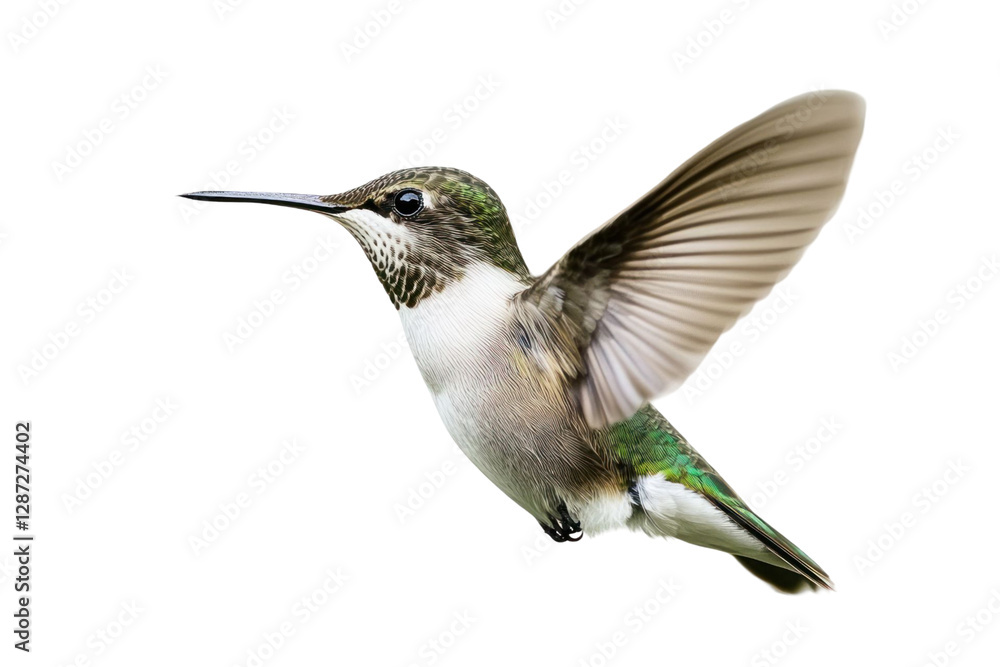 Fototapeta premium Hummingbird in flight with spread wings isolated on transparent background. Showing details of feathers and body coloration. Soft lighting