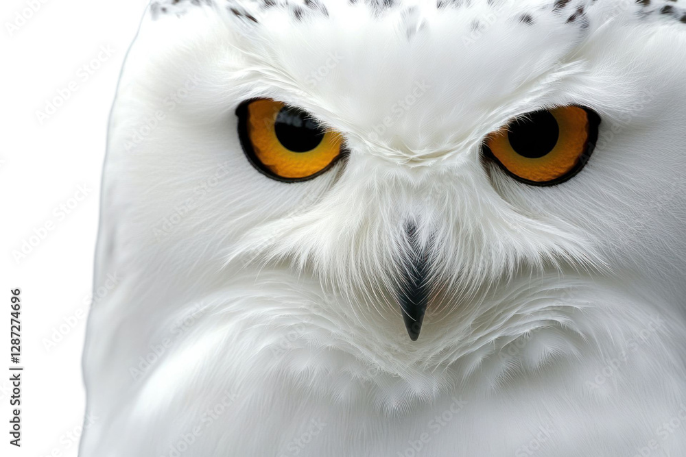 Obraz premium Close-up portrait of an owl with intense eyes on a transparent background. Focus on sharp details and feathers
