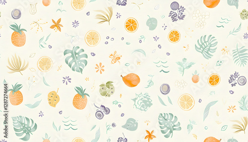 Wallpaper Mural Tropical Illustration Background - Pineapple, Orange, Mango, and Tropical Leaves Pattern Torontodigital.ca