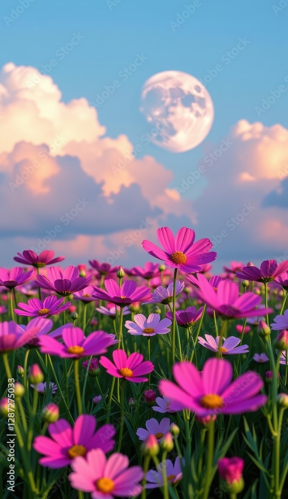 Fototapeta premium A vibrant field of pink cosmos flowers stretches towards a clear, bright blue sky, capturing the essence of a perfect summer day.