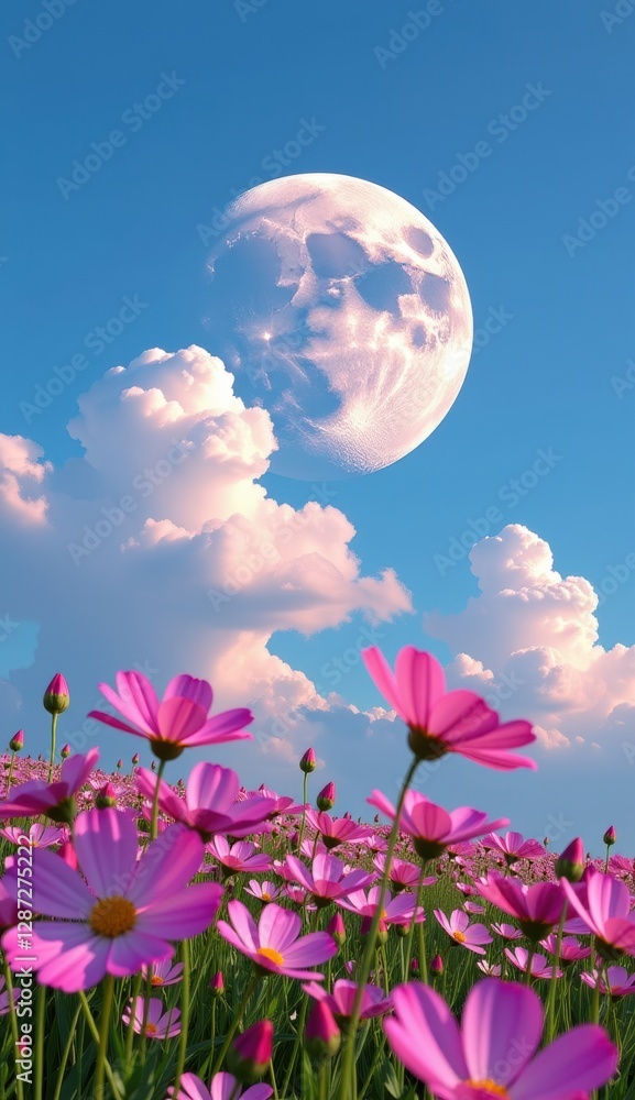 Fototapeta premium A vibrant field of pink cosmos flowers stretches towards a clear, bright blue sky, capturing the essence of a perfect summer day.