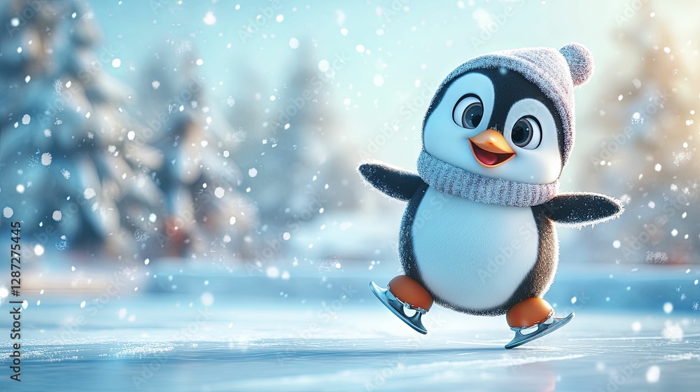 Adorable Penguin Ice Skating In Winter Wonderland Adorable Penguin Ice Skating In Winter Wonderland