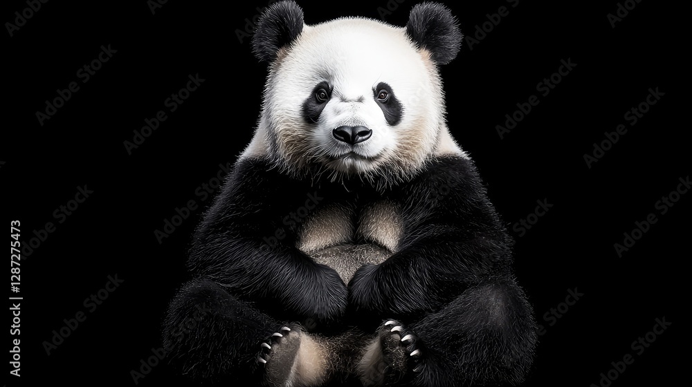 Studio portrait of a panda, black and white fur, seated against a black background. Possible use in a wildlife magazine or educational resource Studio portrait of a panda, black and white fur, seated against a black background. Possible use in a wildlife magazine or educational resource