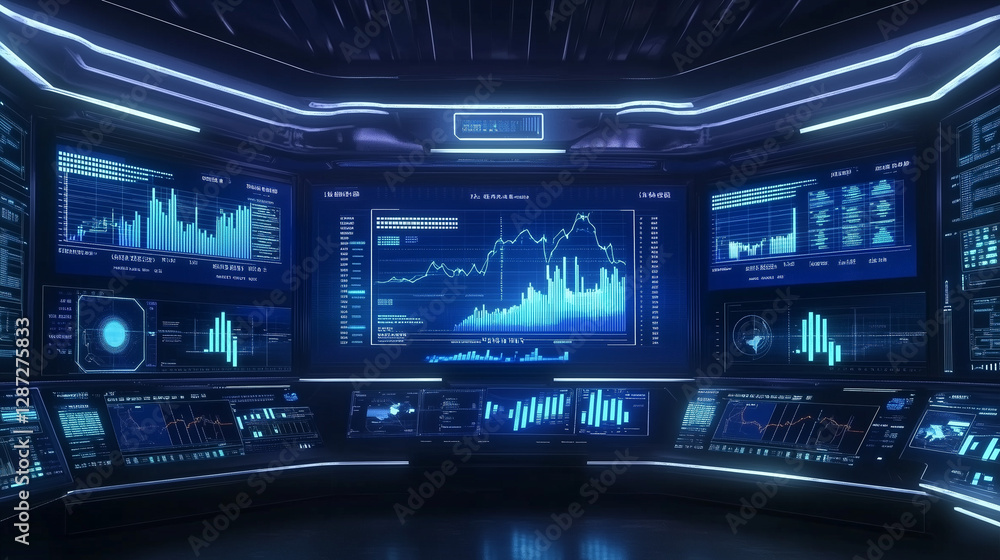 Futuristic Digital Stock Market Control Room with Multiple Data Screens Displaying Financial Charts Futuristic Digital Stock Market Control Room with Multiple Data Screens Displaying Financial Charts