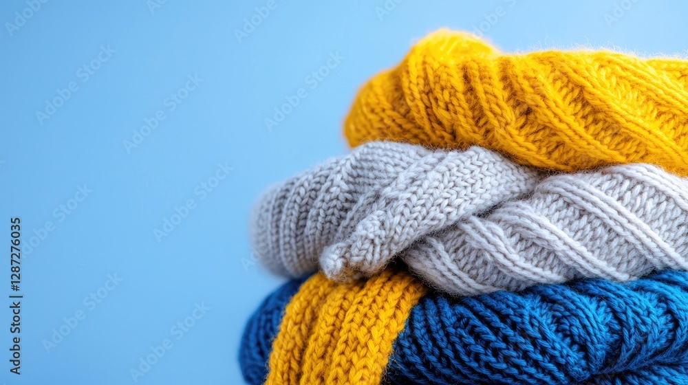 Stacked cozy knit sweaters, blue background, autumn fashion, website banner Stacked cozy knit sweaters, blue background, autumn fashion, website banner