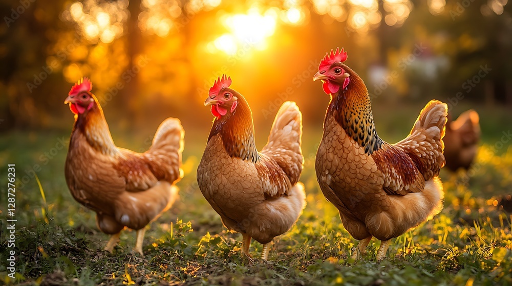 Fototapeta premium Chickens Outdoors Sunset