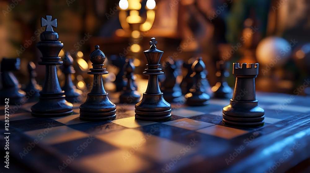 Chess Pieces on Board Ready for Strategy Game with Warm Lighting Chess Pieces on Board Ready for Strategy Game with Warm Lighting
