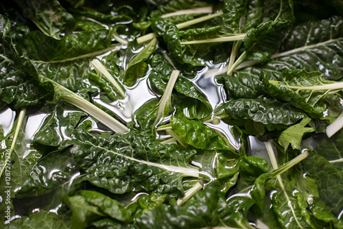 Close up of freshly picked silverbeet spinach leaves in water photo