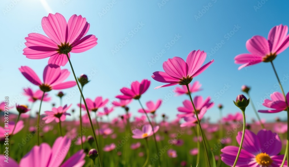 A vibrant field of pink cosmos flowers stretches towards a clear, bright blue sky, capturing the essence of a perfect summer day. A vibrant field of pink cosmos flowers stretches towards a clear, bright blue sky, capturing the essence of a perfect summer day.
