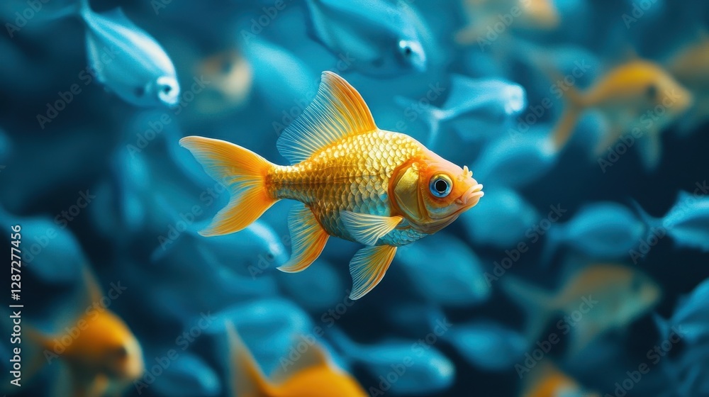 Fototapeta premium Golden Fish Swims Among A School Of Blue Fish