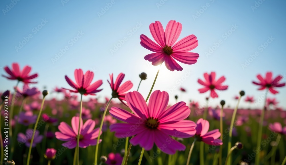A vibrant field of pink cosmos flowers stretches towards a clear, bright blue sky, capturing the essence of a perfect summer day. A vibrant field of pink cosmos flowers stretches towards a clear, bright blue sky, capturing the essence of a perfect summer day.