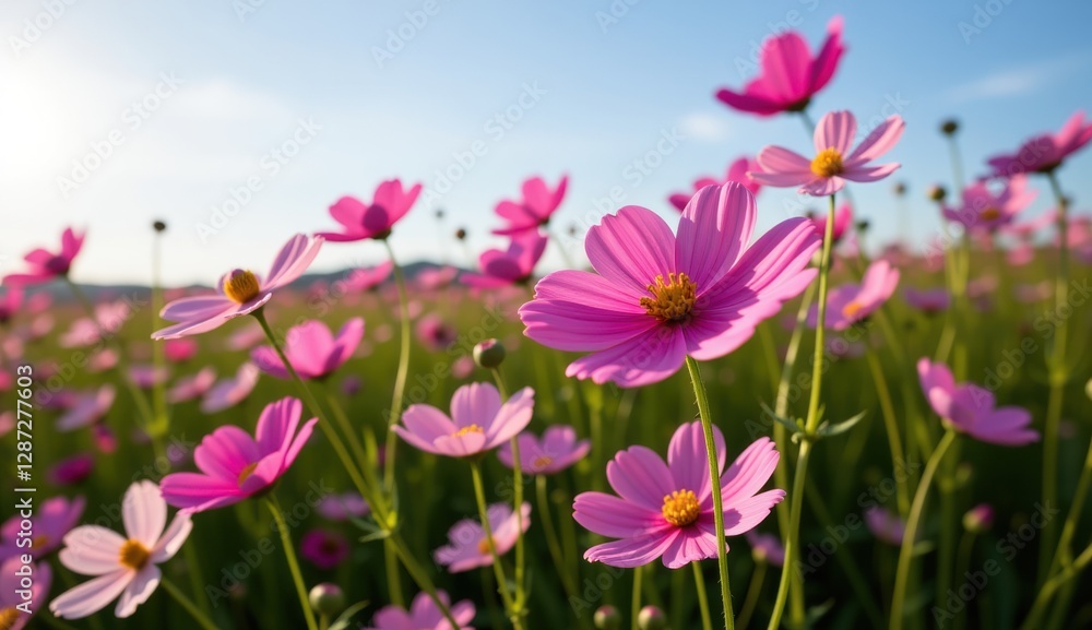A vibrant field of pink cosmos flowers stretches towards a clear, bright blue sky, capturing the essence of a perfect summer day. A vibrant field of pink cosmos flowers stretches towards a clear, bright blue sky, capturing the essence of a perfect summer day.