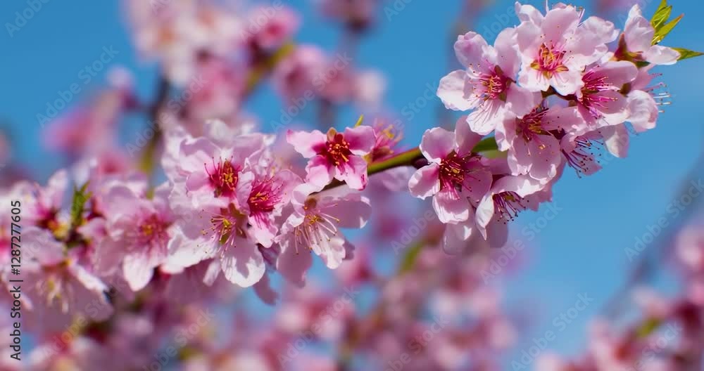 Cherry blossom flowers, soft pink petals against a bright blue sky Cherry blossom flowers, soft pink petals against a bright blue sky
