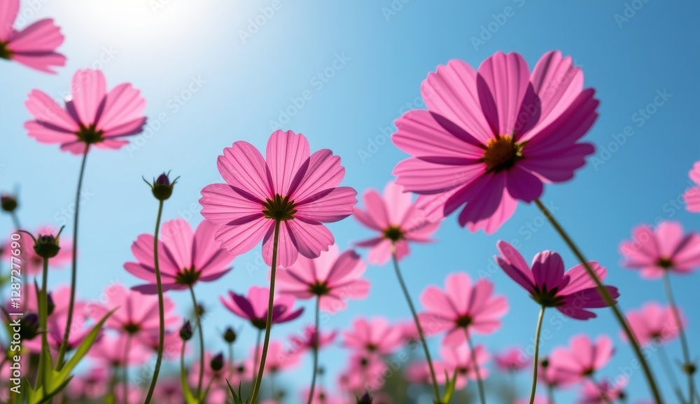 A vibrant field of pink cosmos flowers stretches towards a clear, bright blue sky, capturing the essence of a perfect summer day. A vibrant field of pink cosmos flowers stretches towards a clear, bright blue sky, capturing the essence of a perfect summer day.