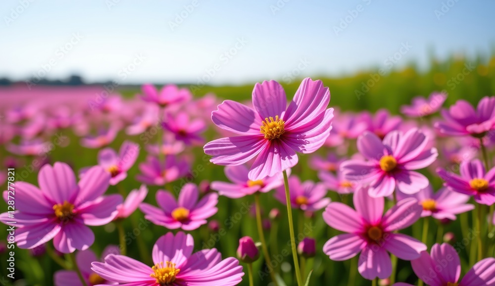 A vibrant field of pink cosmos flowers stretches towards a clear, bright blue sky, capturing the essence of a perfect summer day.
