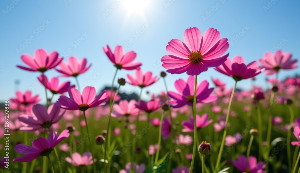 A vibrant field of pink cosmos flowers stretches towards a clear, bright blue sky, capturing the essence of a perfect summer day. A vibrant field of pink cosmos flowers stretches towards a clear, bright blue sky, capturing the essence of a perfect summer day.