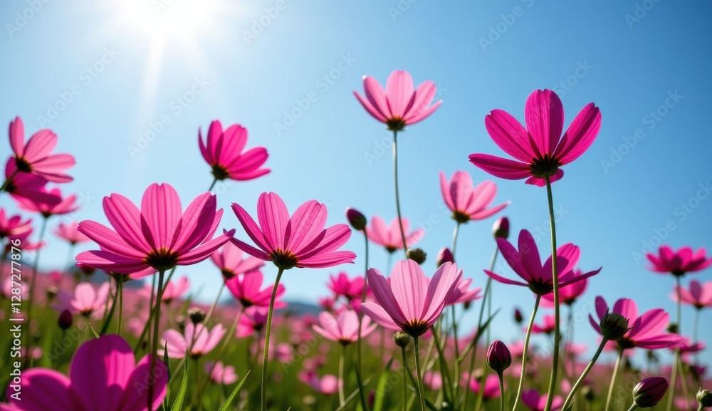 A vibrant field of pink cosmos flowers stretches towards a clear, bright blue sky, capturing the essence of a perfect summer day. A vibrant field of pink cosmos flowers stretches towards a clear, bright blue sky, capturing the essence of a perfect summer day.