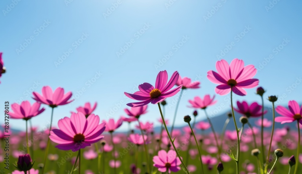 A vibrant field of pink cosmos flowers stretches towards a clear, bright blue sky, capturing the essence of a perfect summer day. A vibrant field of pink cosmos flowers stretches towards a clear, bright blue sky, capturing the essence of a perfect summer day.