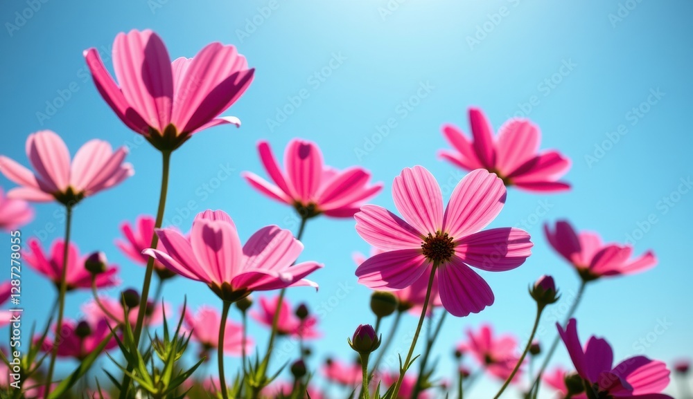 A vibrant field of pink cosmos flowers stretches towards a clear, bright blue sky, capturing the essence of a perfect summer day. A vibrant field of pink cosmos flowers stretches towards a clear, bright blue sky, capturing the essence of a perfect summer day.