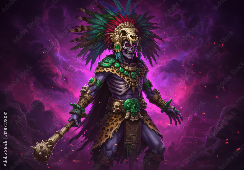 Fototapeta premium Aztec undead warrior stands powerfully against a colorful nebula background