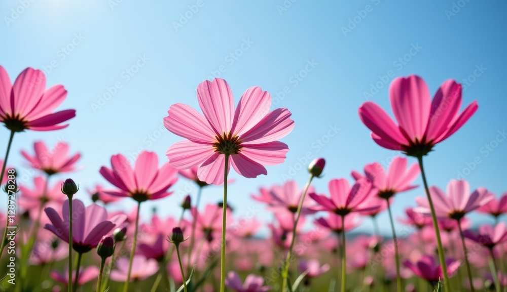 A vibrant field of pink cosmos flowers stretches towards a clear, bright blue sky, capturing the essence of a perfect summer day. A vibrant field of pink cosmos flowers stretches towards a clear, bright blue sky, capturing the essence of a perfect summer day.