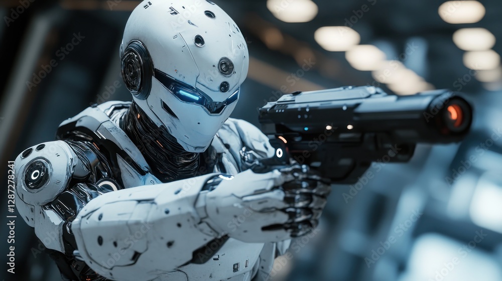 Fototapeta premium Futuristic Robot Soldier: A Sci-Fi Action Scene
