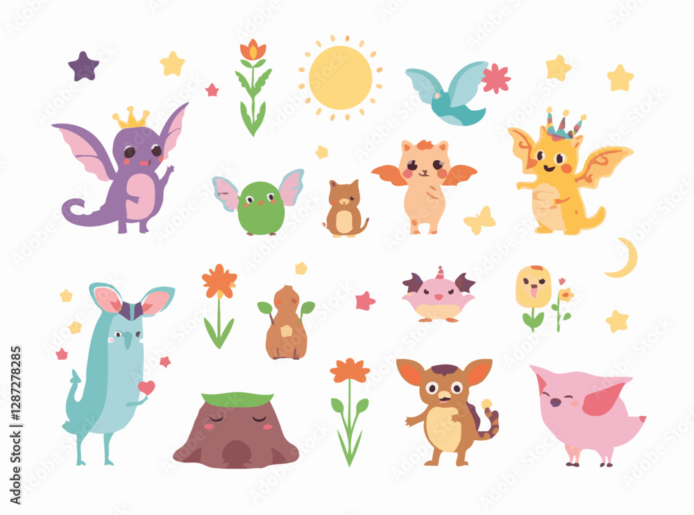 Obraz premium Whimsical Creatures and Fantasy Elements Vector Set